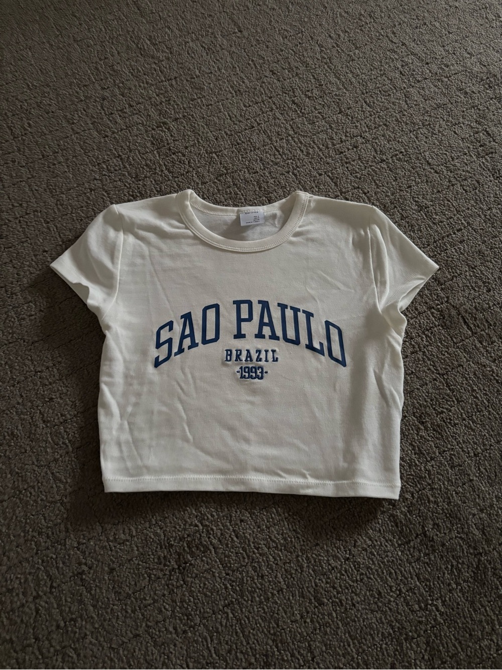 Bershka White Crop Tee with Blue 'Sao Paulo' Graphic